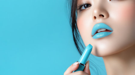 woman applying light blue lip colors to her cute pout lips with a luxury light blue lipstick isolated on light blue backgroundの素材