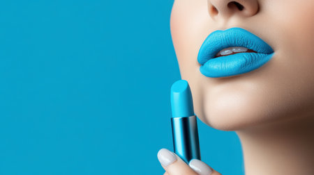 woman applying light blue lip colors to her cute pout lips with a luxury light blue lipstick isolated on light blue backgroundの素材