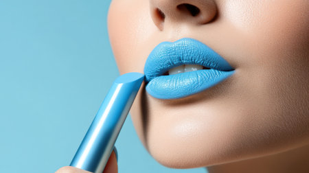 woman applying light blue lip colors to her cute pout lips with a luxury light blue lipstick isolated on light blue backgroundの素材