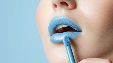 woman applying light blue lip colors to her cute pout lips with a luxury light blue lipstick isolated on light blue backgroundの素材