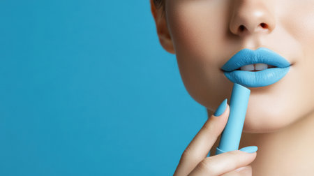 woman applying light blue lip colors to her cute pout lips with a luxury light blue lipstick isolated on light blue backgroundの素材