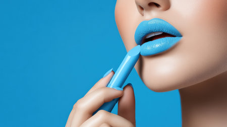 woman applying light blue lip colors to her cute pout lips with a luxury light blue lipstick isolated on light blue backgroundの素材