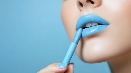 woman applying light blue lip colors to her cute pout lips with a luxury light blue lipstick isolated on light blue backgroundの素材