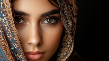 a beauty Arab women wearing headscarf take shot from side view, studio photo, isolated on backgroundの素材