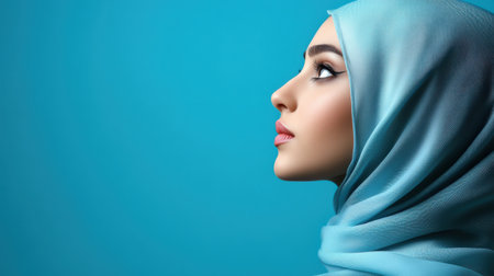 Arab women wearing headscarf take shot from side view, studio photo, isolated on backgroundの素材