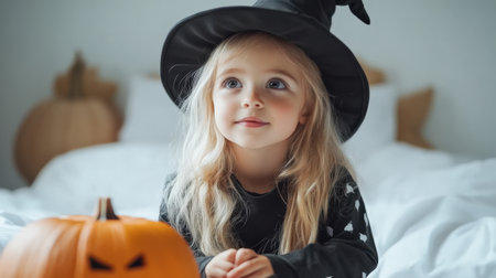 toddler girl in witch costume with Magic wand and Halloween pumpkin on the bed the white interiorの素材