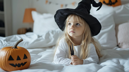 toddler girl in witch costume with Magic wand and Halloween pumpkin on the bed the white interiorの素材