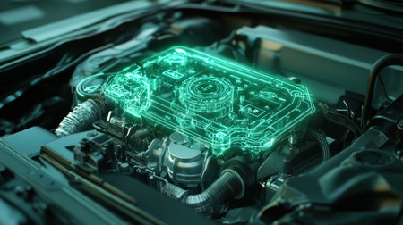 A neon green holographic display showing real-time diagnostics of a futuristic car engineの素材