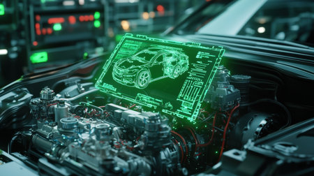 A neon green holographic display showing real-time diagnostics of a futuristic car engineの素材