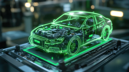 A neon green holographic display showing real-time diagnostics of a futuristic car engineの素材