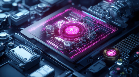A neon purple pink holographic display showing real-time diagnostics of a futuristic car engineの素材