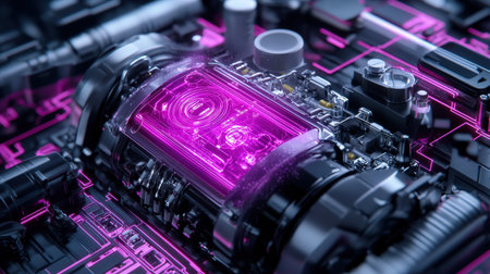 A neon purple pink holographic display showing real-time diagnostics of a futuristic car engineの素材