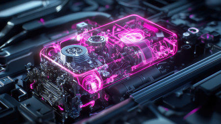 A neon purple pink holographic display showing real-time diagnostics of a futuristic car engineの素材