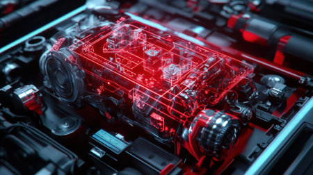 A neon red holographic display showing real-time diagnostics of a futuristic car engineの素材