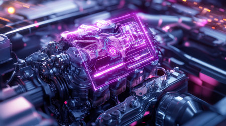 A neon purple pink holographic display showing real-time diagnostics of a futuristic car engineの素材