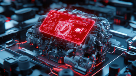 A neon red holographic display showing real-time diagnostics of a futuristic car engineの素材