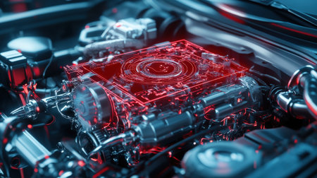 A neon red holographic display showing real-time diagnostics of a futuristic car engineの素材