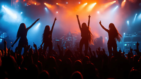 three girls group rock star performs on stage in front of a large crowd silhouette. Cyberpunk tone Bokehの素材