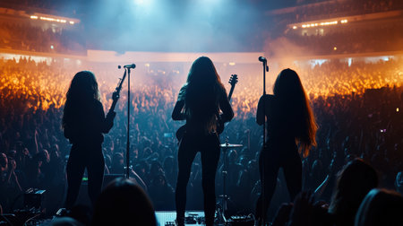 three girls group rock star performs on stage in front of a large crowd silhouette. Cyberpunk tone Bokehの素材