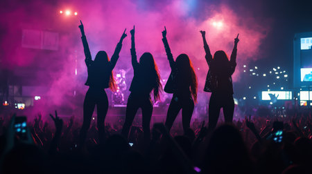 three girls group rock star performs on stage in front of a large crowd silhouette. Cyberpunk tone Bokehの素材
