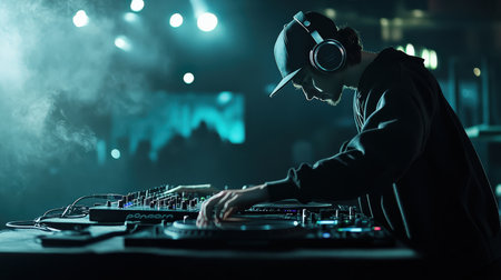 A cool DJ in a club spins records and creates a great atmosphere for the party people.silhouette Cyberpunk tone Bokehの素材