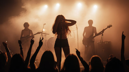 three girls group rock star performs on stage in front of a large crowd silhouette. Cyberpunk tone Bokehの素材