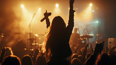 girls group rock star performs on stage in front of a large crowd silhouette. Cyberpunk tone Bokehの素材