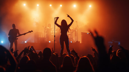 girls group rock star performs on stage in front of a large crowd silhouette. Cyberpunk tone Bokehの素材