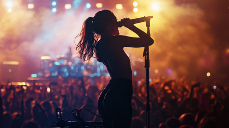 girls group rock star performs on stage in front of a large crowd silhouette. Cyberpunk tone Bokehの素材