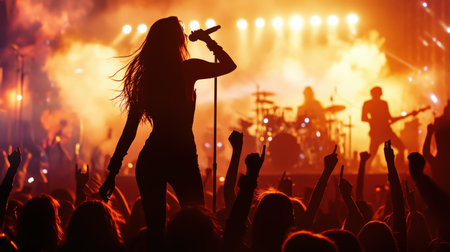 A girl group rock star performs on stage in front of a large crowd silhouette. Cyberpunk tone Bokehの素材