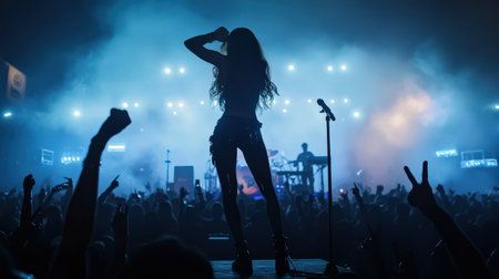 A girl group rock star performs on stage in front of a large crowd silhouette. Cyberpunk tone Bokehの素材