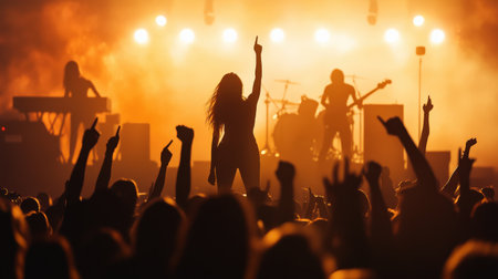 A girl group rock star performs on stage in front of a large crowd silhouette. Cyberpunk tone Bokehの素材