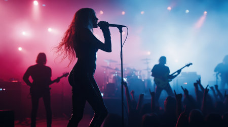 A girl group rock star performs on stage in front of a large crowd silhouette. Cyberpunk tone Bokehの素材