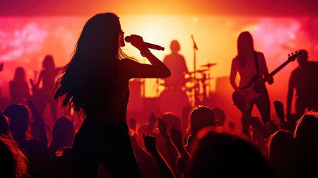 A girl group rock star performs on stage in front of a large crowd silhouette. Cyberpunk tone Bokehの素材