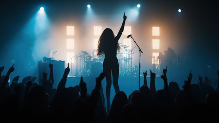 A girl group rock star performs on stage in front of a large crowd silhouette. Cyberpunk tone Bokehの素材