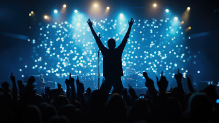 A rock star performs on stage in front of a large crowd silhouette. Cyberpunk tone Bokehの素材