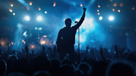 A rock star performs on stage in front of a large crowd silhouette. Cyberpunk tone Bokehの素材