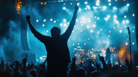 A rock star performs on stage in front of a large crowd silhouette. Cyberpunk tone Bokehの素材