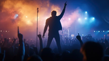 A rock star performs on stage in front of a large crowd silhouette. Cyberpunk tone Bokehの素材