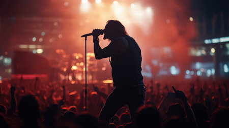 A rock star performs on stage in front of a large crowd silhouette. Cyberpunk toneの素材