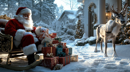 A close-up of Santa Claus placing gifts to child and sled a reindeer The sleigh was filled with colorful wrapped gifts. A snowy Christmas Eve scene decoration lit up in the yard and a cozy home in the backgroundの素材