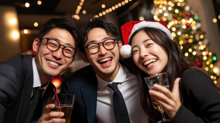 A team Asia Japan business holiday party photo booth with festive props and coworkers having funの素材