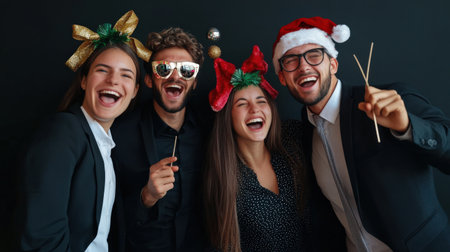 A black business holiday party photo booth with festive props and coworkers having funの素材