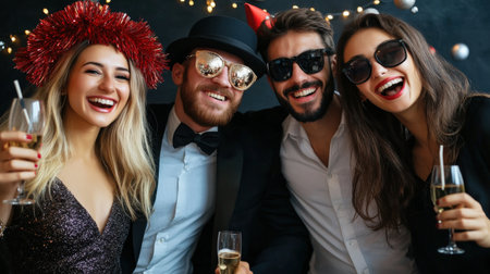 A black business holiday party photo booth with festive props and coworkers having funの素材
