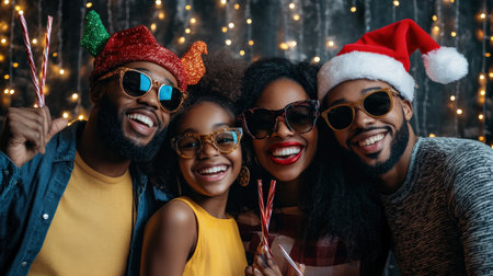 A black family holiday party photo booth with festive props and coworkers having funの素材
