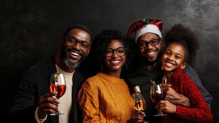 A black family holiday party photo booth with festive props and coworkers having funの素材