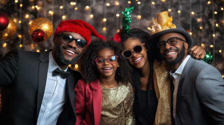 A black family holiday party photo booth with festive props and coworkers having funの素材