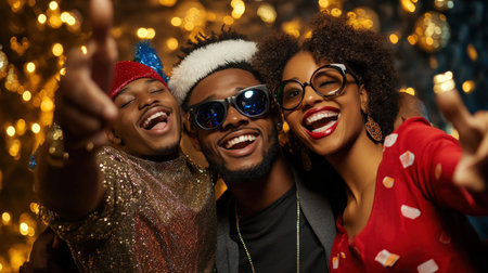 A black family holiday party photo booth with festive props and coworkers having funの素材