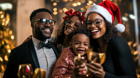 A black family holiday party photo booth with festive props and coworkers having funの素材