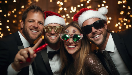 A family holiday party photo booth with festive props and coworkers having funの素材